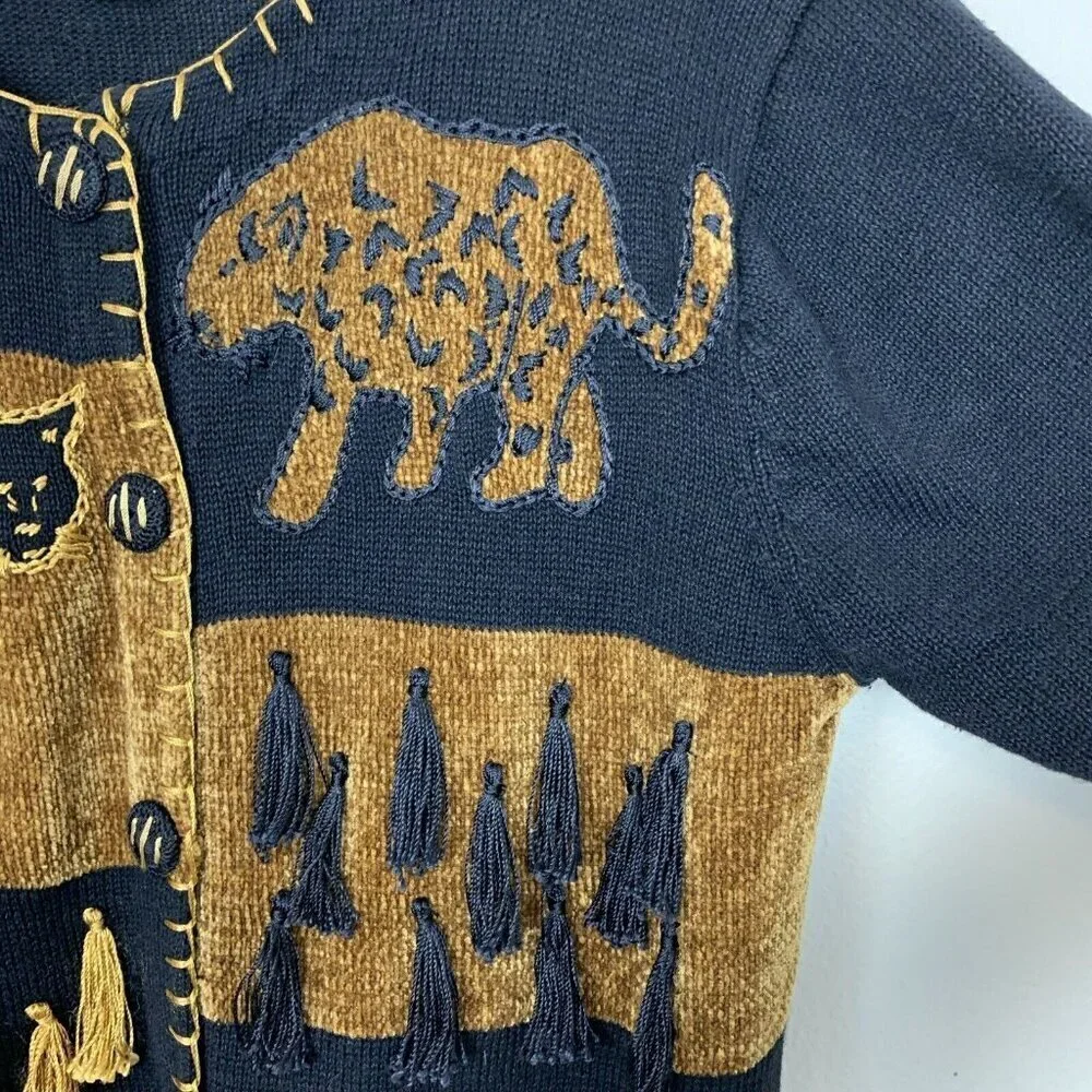 Dressbarn Womens Vintage Cardigan Sweater M Safari Jungle Animal Tassel 90s 80s